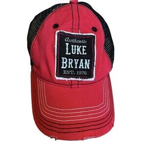Luke Bryan Distressed Cap Hat Adjustable Strap Red Black Mesh Unisex Country